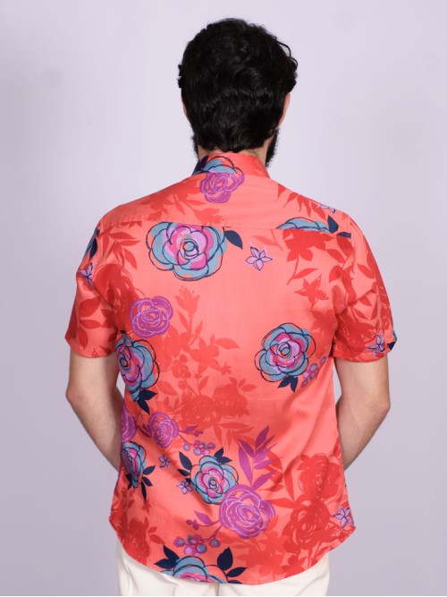 Camisa estampada vermelha de algodão manga curta Camisa estampada vermelha de algodão manga curta