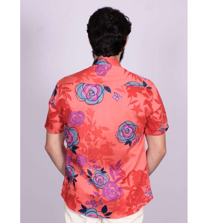 Camisa estampada vermelha de algodão manga curta Camisa estampada vermelha de algodão manga curta