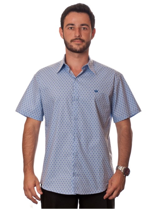 Camisa masculina azul claro estampado manga curta algodão