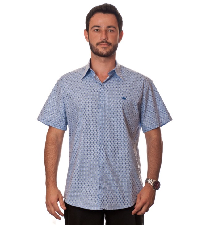 Camisa masculina azul claro estampado manga curta algodão
