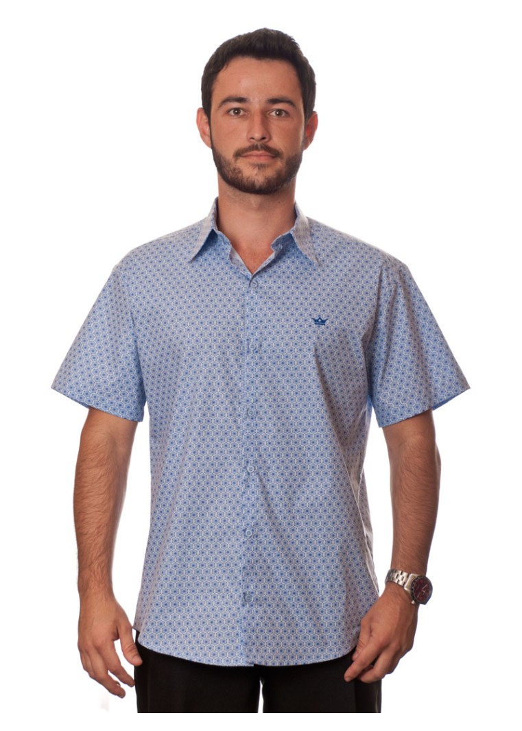 Camisa masculina azul claro estampado manga curta algodão