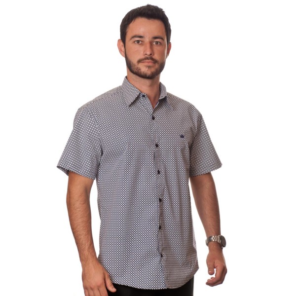 Camisa masculina azul marinho estampado manga curta algodão