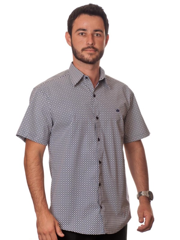 Camisa masculina azul marinho estampado manga curta algodão