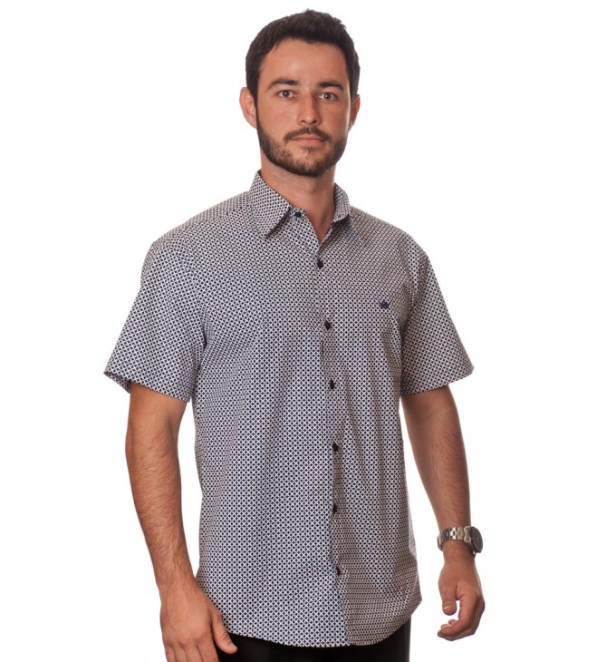 Camisa masculina azul marinho estampado manga curta algodão
