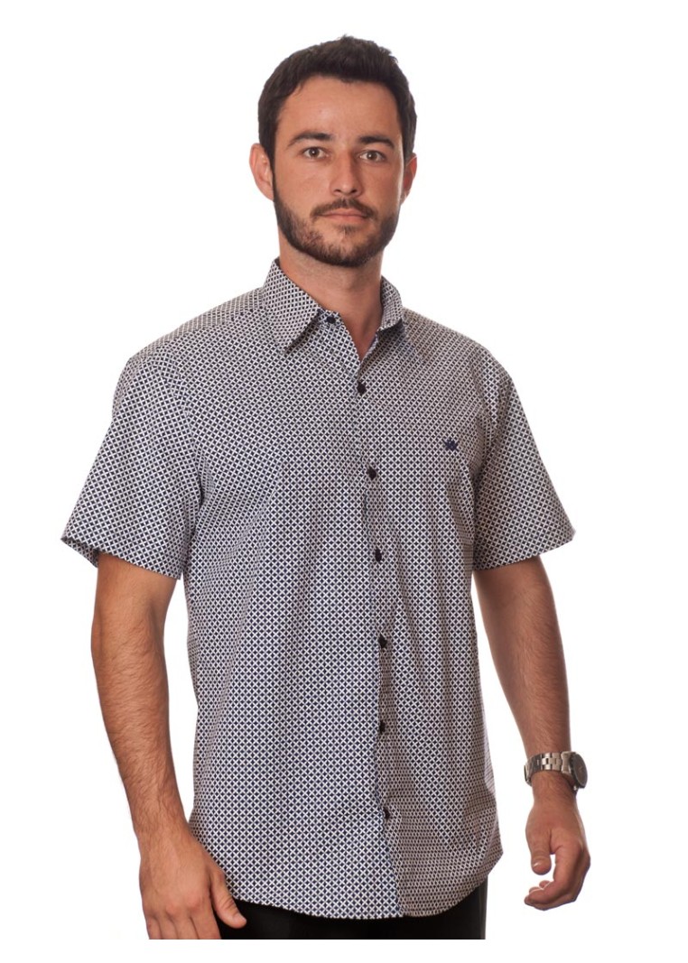 Camisa masculina azul marinho estampado manga curta algodão