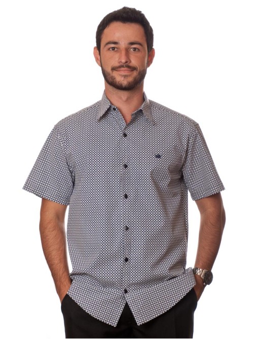 Camisa masculina azul marinho estampado manga curta algodão Camisa masculina azul marinho estampado manga curta algodão