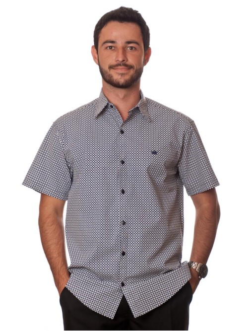 Camisa masculina azul marinho estampado manga curta algodão