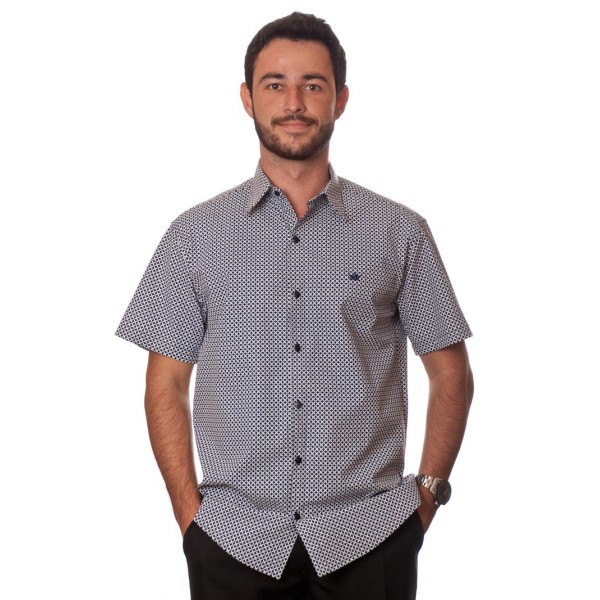Camisa masculina azul marinho estampado manga curta algodão