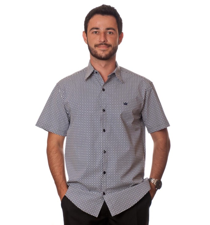 Camisa masculina azul marinho estampado manga curta algodão
