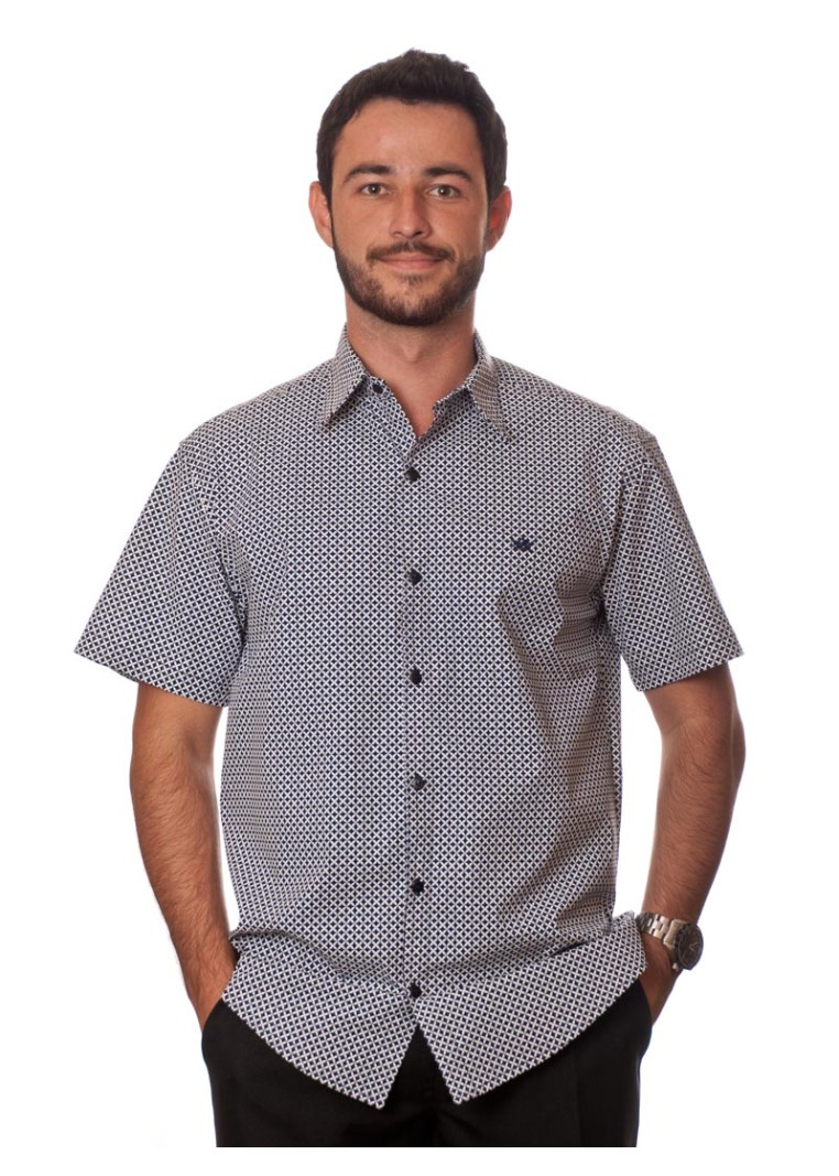 Camisa masculina azul marinho estampado manga curta algodão