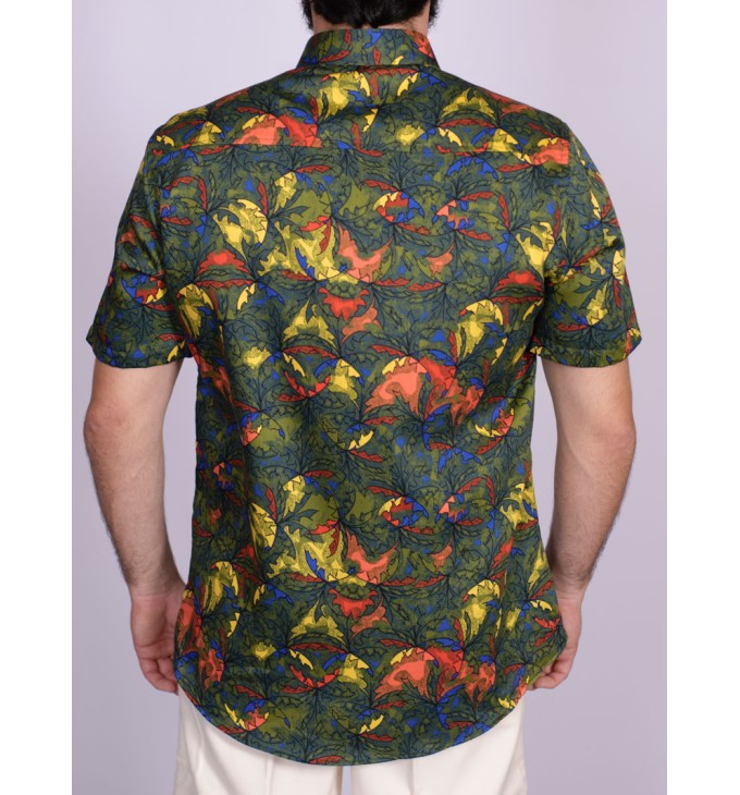 Camisa estampada verde musgo de algodão manga curta Camisa estampada verde musgo de algodão manga curta