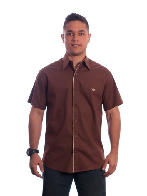Camisa social marrom masculina manga curta de algodão