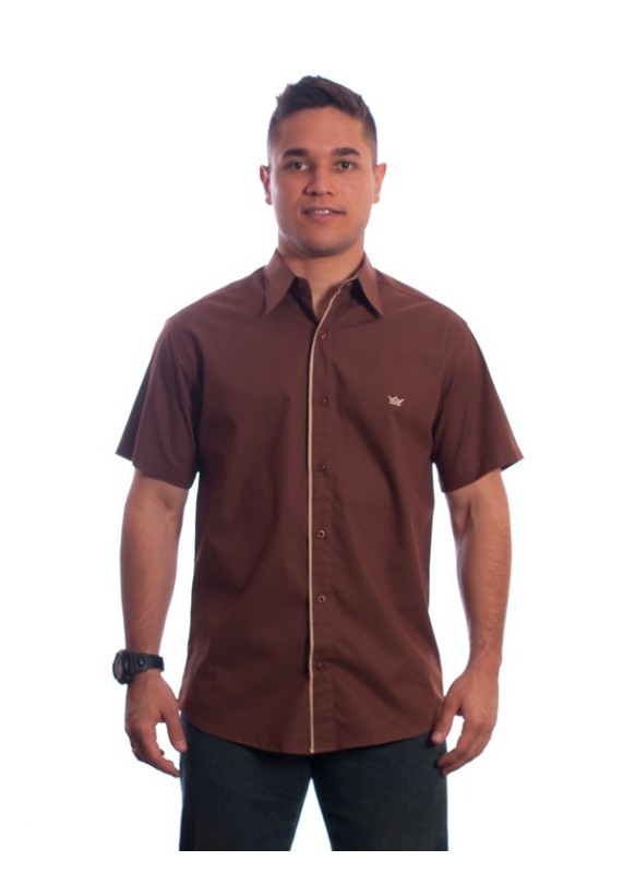 Camisa social marrom masculina manga curta de algodão