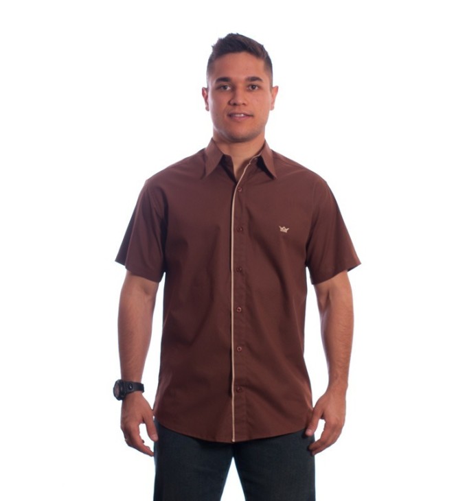 Camisa social marrom masculina manga curta de algodão Camisa social marrom masculina manga curta de algodão