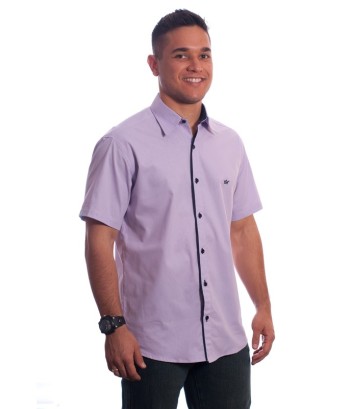 Camisa social lilás masculina manga curta detalhe de algodão misto