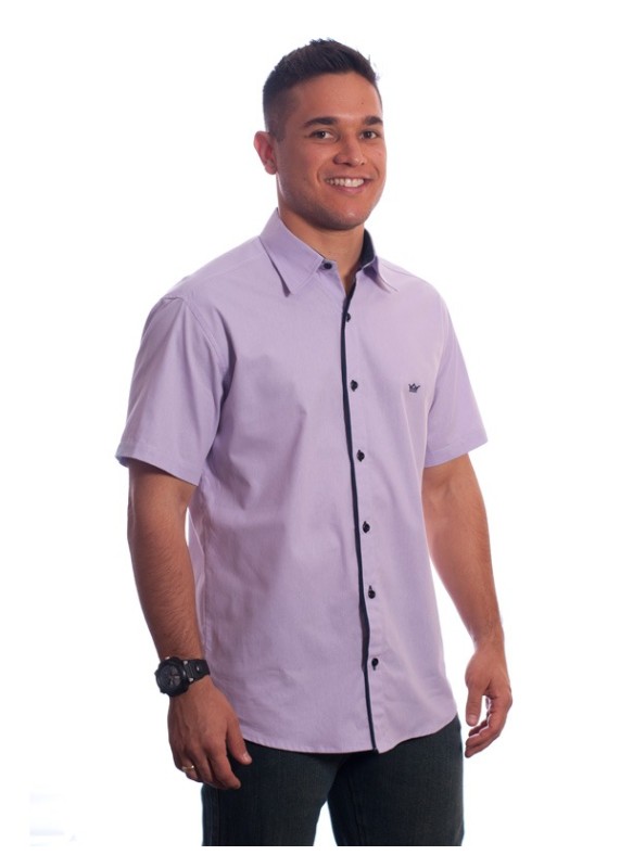 Camisa social lilás masculina manga curta detalhe de algodão misto