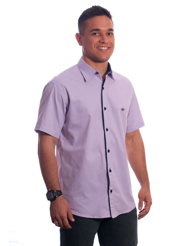 Camisa social lilás masculina manga curta detalhe de algodão misto