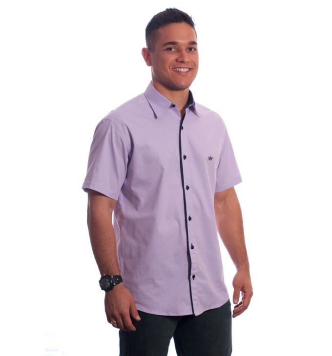 Camisa social lilás masculina manga curta detalhe de algodão misto Camisa social lilás masculina manga curta detalhe de algodão misto