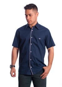 Camisa social marinho masculina de algodão manga curta detalhe branco