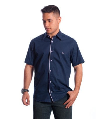 Camisa social marinho masculina de algodão manga curta detalhe branco