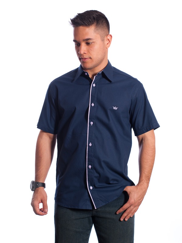 Camisa social marinho masculina de algodão manga curta detalhe branco Camisa social marinho masculina de algodão manga curta detalhe branco