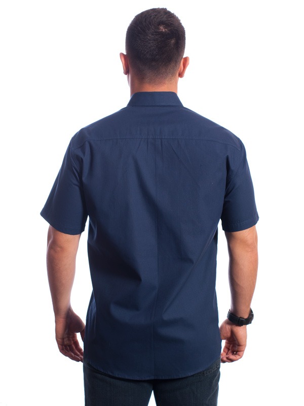 Camisa social marinho masculina de algodão manga curta detalhe branco
