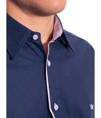 Camisa social marinho masculina de algodão manga curta detalhe branco