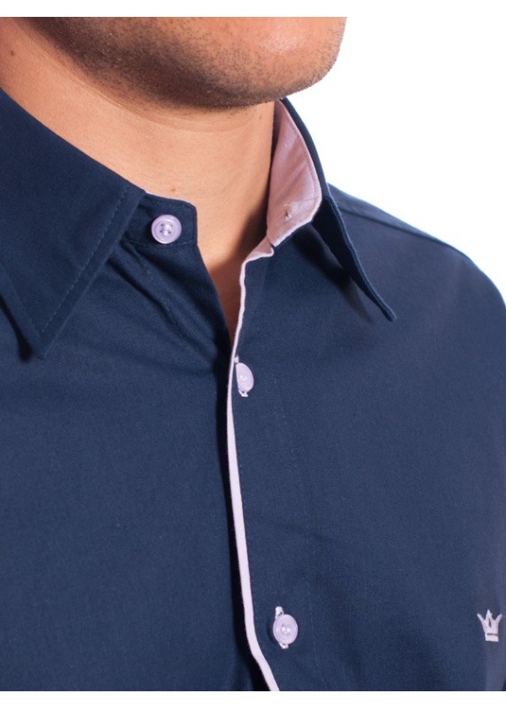 Camisa social marinho masculina de algodão manga curta detalhe branco