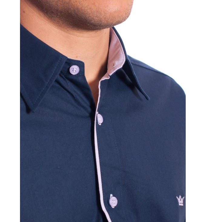 Camisa social marinho masculina de algodão manga curta detalhe branco