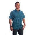 Camisa social azul cobalto masculina manga curta com detalhe, de algodão