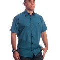 Camisa social azul cobalto masculina manga curta com detalhe, de algodão