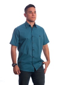Camisa social azul cobalto masculina manga curta com detalhe, de algodão