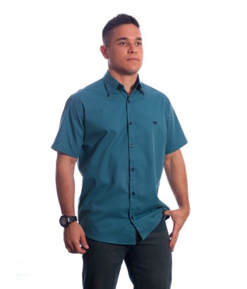 Camisa social azul cobalto masculina manga curta com detalhe, de algodão