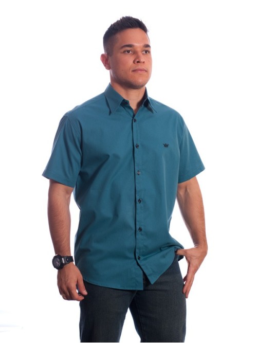 Camisa social azul cobalto masculina manga curta com detalhe, de algodão