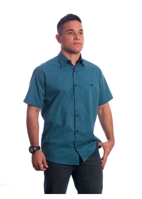 Camisa social azul cobalto masculina manga curta com detalhe, de algodão