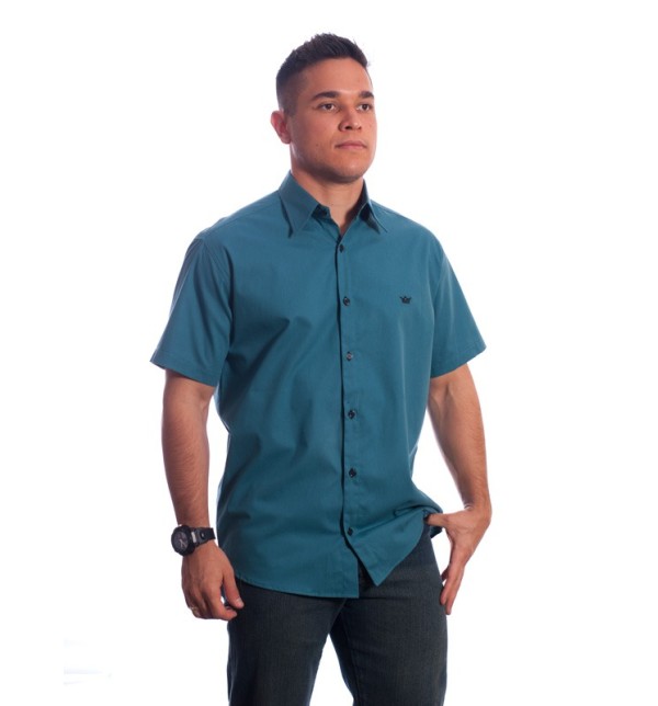 Camisa social azul cobalto masculina manga curta com detalhe, de algodão