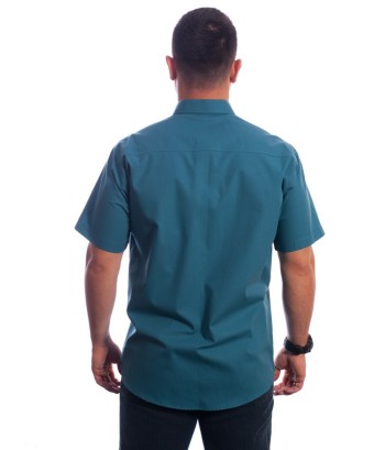 Camisa social azul cobalto masculina manga curta com detalhe, de algodão