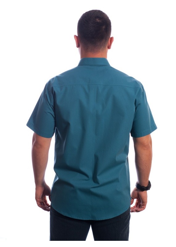 Camisa social azul cobalto masculina manga curta com detalhe, de algodão