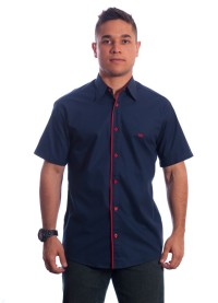 Camisa social marinho masculina de algodão manga curta com detalhe