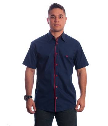 Camisa social marinho masculina de algodão manga curta com detalhe