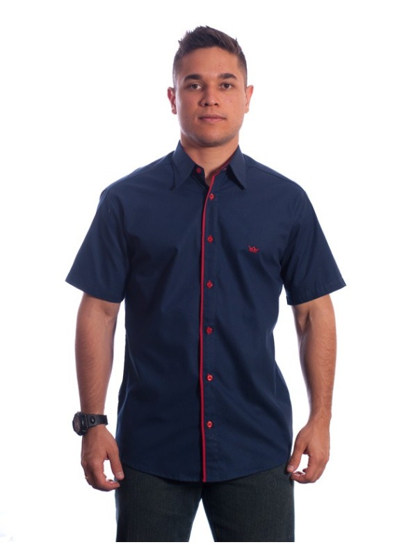 Camisa social marinho masculina de algodão manga curta com detalhe