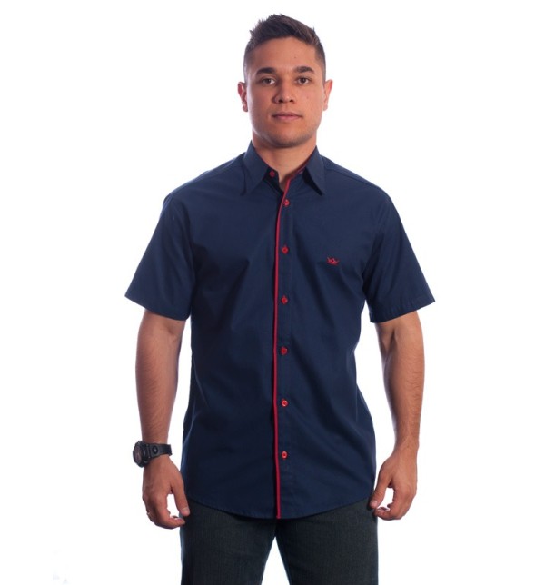 Camisa social marinho masculina de algodão manga curta com detalhe