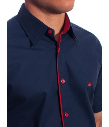 Camisa social marinho masculina de algodão manga curta com detalhe