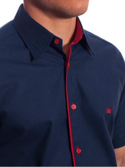 Camisa social marinho masculina de algodão manga curta com detalhe