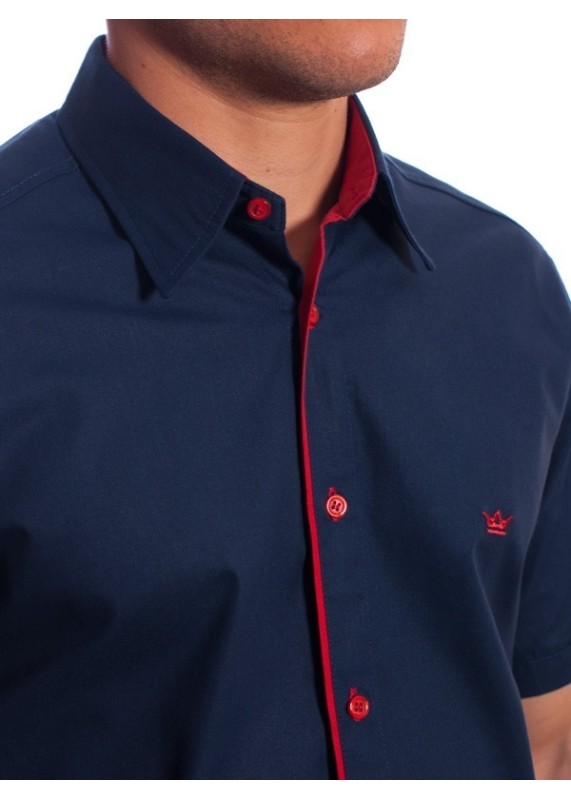 Camisa social marinho masculina de algodão manga curta com detalhe