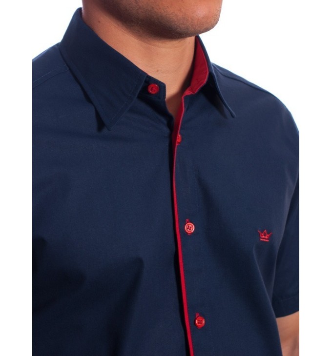 Camisa social marinho masculina de algodão manga curta com detalhe