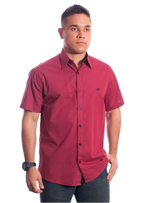 Camisa social vinho masculina manga curta com detalhe, de algodão