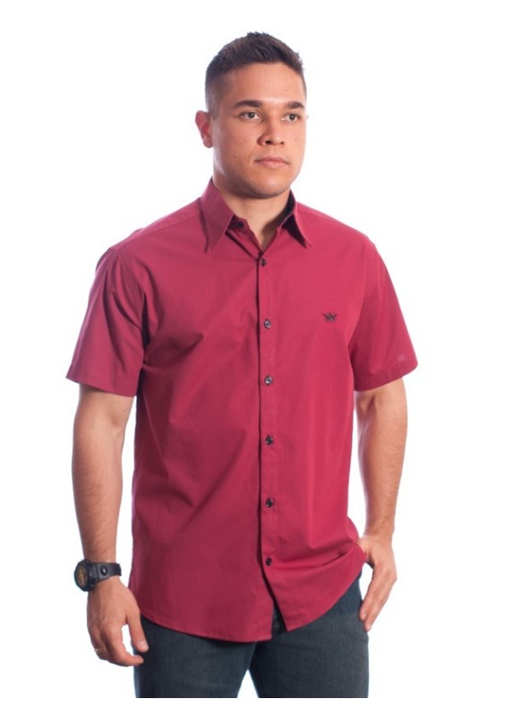 Camisa social vinho masculina manga curta com detalhe, de algodão
