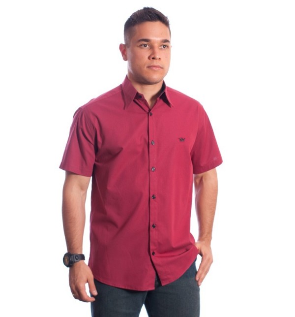 Camisa social vinho masculina manga curta com detalhe, de algodão
