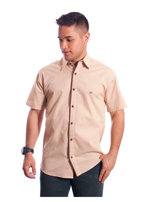 Camisa social bege masculina manga curta de algodão